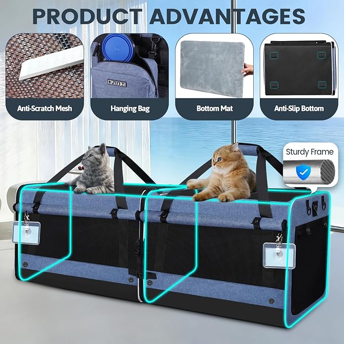 Petskd Double Extra Large Cat Carrier with Litter Box and Privacy Curtain, 48"x17"x17" Soft Cat Car Travel Carrier with Locking Zippers for Multiple Cats Long Distance Trip(Blue)