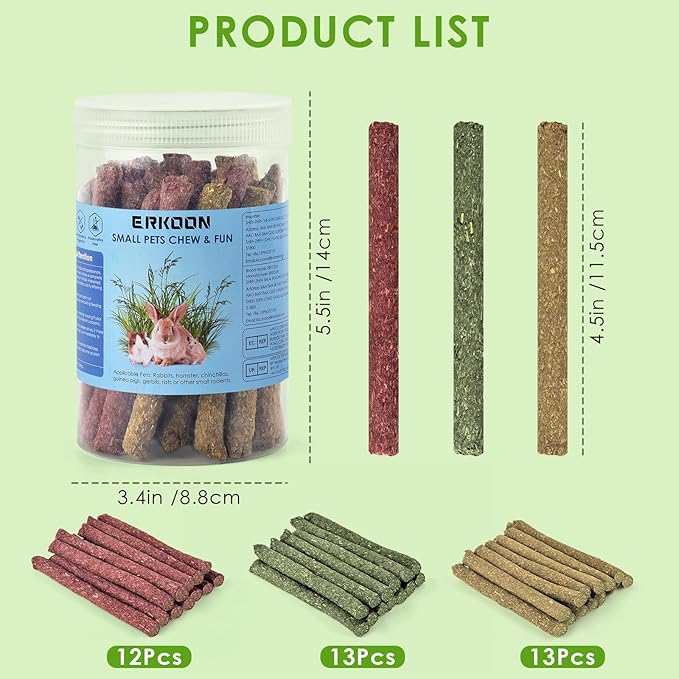 ERKOON 38Pcs Rabbit Chew Toys Timothy Hay Sticks, Guinea Pig Toys for Teeth Natural Molar Sticks Rabbits Treats for Bunnies, Chinchilla, Guinea Pigs, Gerbil, Hamster