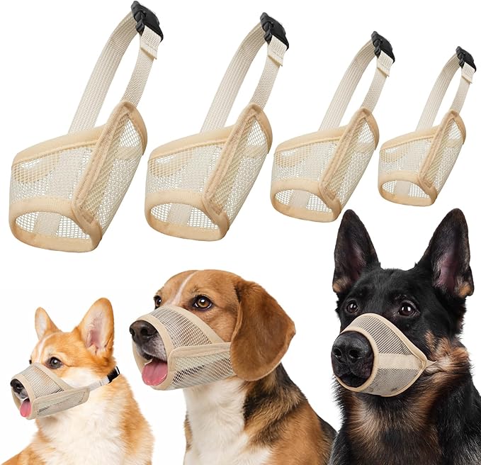 Dog Muzzle Suits for Small Medium Large Dogs, Mesh Muzzle Anti Biting Chewing, Breathable Mouth Cover Set with Adjustable Strap for Grooming Vet Visiting Training (4 PCS(M-XXL), Beige)
