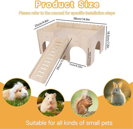 Large Wood Guinea Pig Hideout, 4 Doors Upgraded Guinea Pigs House with Ramp, Easy to Assemble Castle Detachable Small Animal House Bed Hut Habitats for Hamster Hideout/Rabbit/Chinchilla Hideout