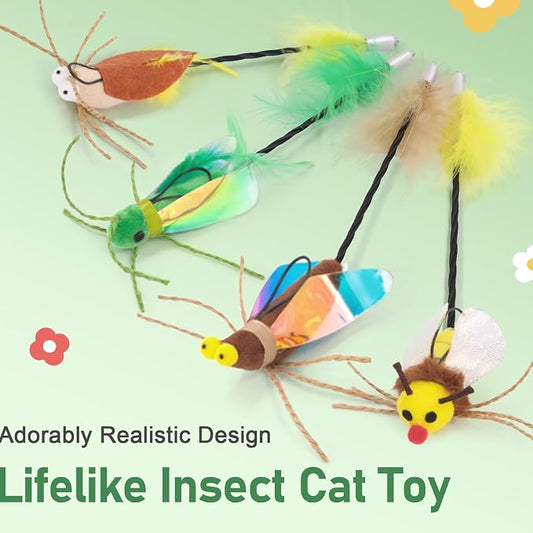 SONGWAY Cat Bug Toy Wand - Cat Teaser Wand Toy with 4 Pcs Cute Insect Feather cat Toy Replacements, Interactive Cat Toys Bug for Indoor Cats Kittens