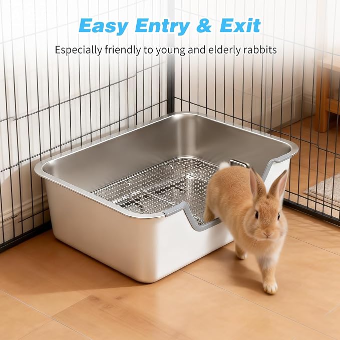 YUEPET 4-in-1 Large Rabbit Litter Box, Non-Slip Stainless Steel Litter Boxes with Sifting Grid & Hay Feeder Food Bowl, Easy Cleaning Bunny Litter Box with Odor Control for Rabbits Small Pets（M）