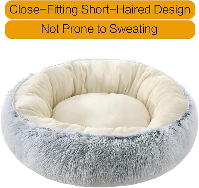 Calming Donut Dog Bed Cat Bed, Fluffy Long Fur Outer & Short Fur Inner, Sweat-Free Cozy Cuddler, Non-Slip Bottom,for Small Medium Dogs Cats Puppy Kitten (Donut Bed - Grey, Medium 19.7 Inches)