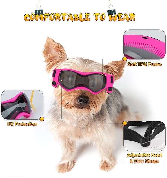 PETLESO Dog Goggles Small Breed, UV Protection Dog Sunglasses Windproof Anti-Fog Doggy Glasses for Small to Medium Breed Outdoor Riding Driving Motorcycle, Medium Pink