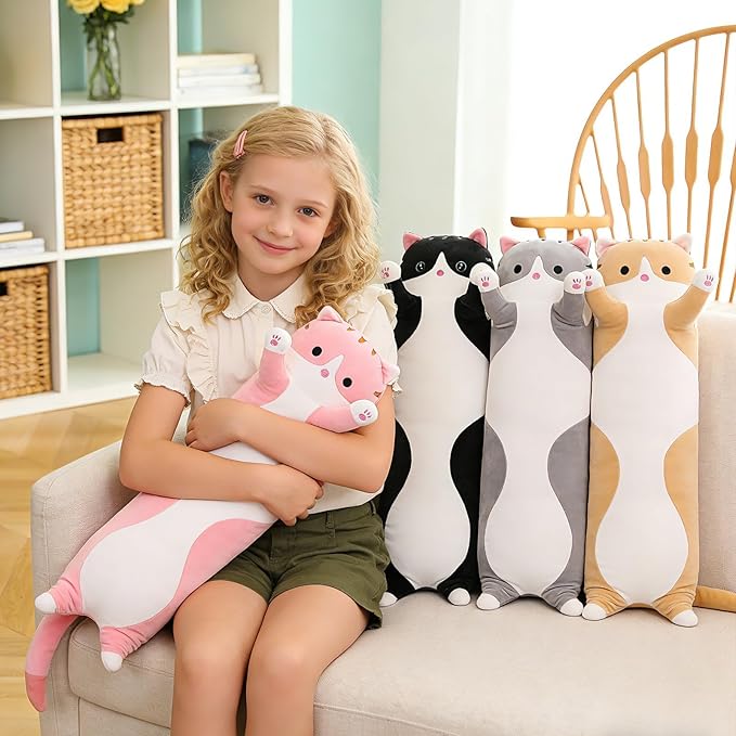 Cute Cat Plush Long Body Pillow – Soft Cartoon Stuffed Animal Doll, Kawaii Cat Plushie Cuddle Toy for Kids, Girls & Girlfriend (Black, 43.3 Inch)