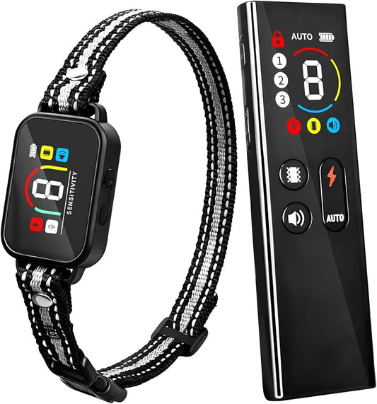 CanineJoy 2-in-1 Dog Shock Collar and Dog Bark Collar - 3400FT Smart Anti Barking Dog Training Collar with Remote, IP67 Waterproof E-Collar with Beep/Vibration(1-8)/Shock(1-8) and Automatic Modes