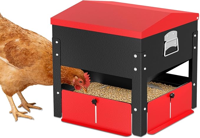 Portable Metal Chicken Feeder, Freestanding Chicken Feeder with Top-Sloped Waterproof Lid, No Waste Gravity Poultry Feeder for Hens and Ducks, 80 lbs Large Capacity
