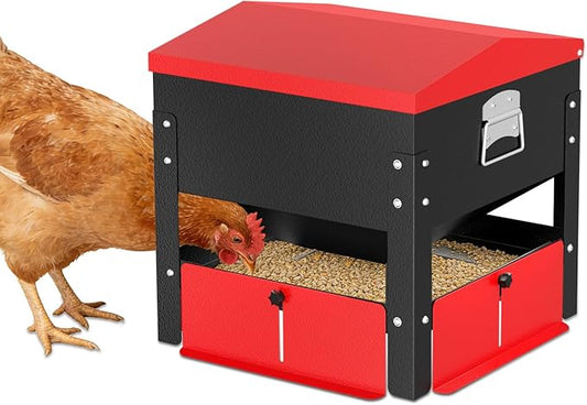 Portable Metal Chicken Feeder, Freestanding Chicken Feeder with Top-Sloped Waterproof Lid, No Waste Gravity Poultry Feeder for Hens and Ducks, 80 lbs Large Capacity