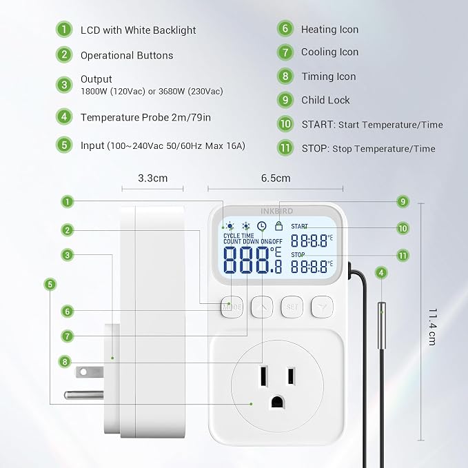 INKBIRD Plug in Thermostat 15A 1800W, Programmable Heating Cooling Digital Temperature Controller Timer for Window A/C Fan Heater Greenhouse Homebrewing Reptile