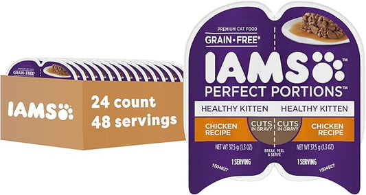 IAMS Perfect Portions Healthy Kitten Grain Free Wet Cat Food, Cat Food Wet Cuts in Gravy Chicken Recipe, (24) 2.6 oz. Twin-Pack Trays