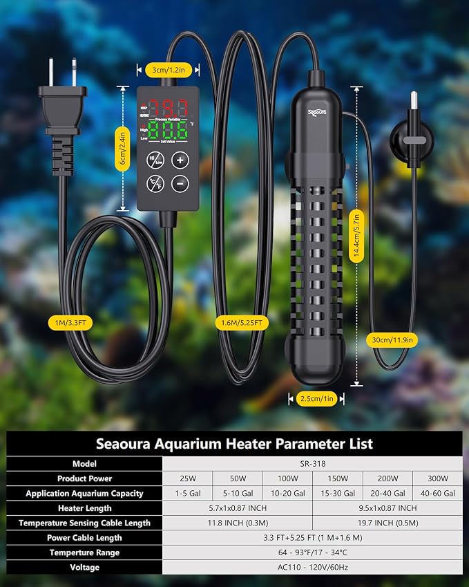 SEAOURA Small Aquarium Heater, 100W Fish Tank Heater for 10-20 Gallon, Submersible Turtle Heater with Digital Display Adjustable Safety Protection, Auto Power-Off When Leaving Water