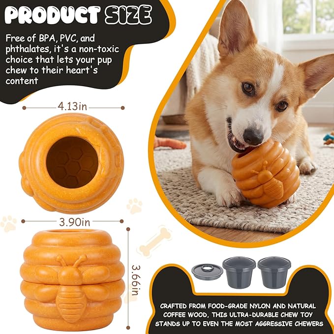 Gemscream 1 Pack Large Dog Toys for Aggressive Chewers, Dog Treat Dispensing Toy to Keep Them Busy, 2-in-1 Fillable Holder with 2 Cups and Food-Dispensing Lids for Large Medium (Yellow)