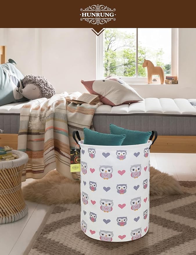 Collapsible Fabric Storage Basket, Waterproof Laundry Hamper with Handles, Round Storage Bin for Clothes Toys, Foldable Organizer for Bedroom Nursery Bathroom(Round-Love Owl)