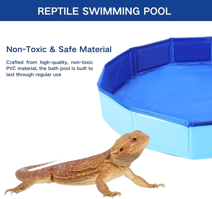 Bearded Dragon Bath Set - Foldable Bathtub with Towel & Nail Clippers Reptile Swimming Pool Lizard Accessories for Geckos Tortoises Ferret Small Animal Grooming Kit (Blue, 19.7 inch)