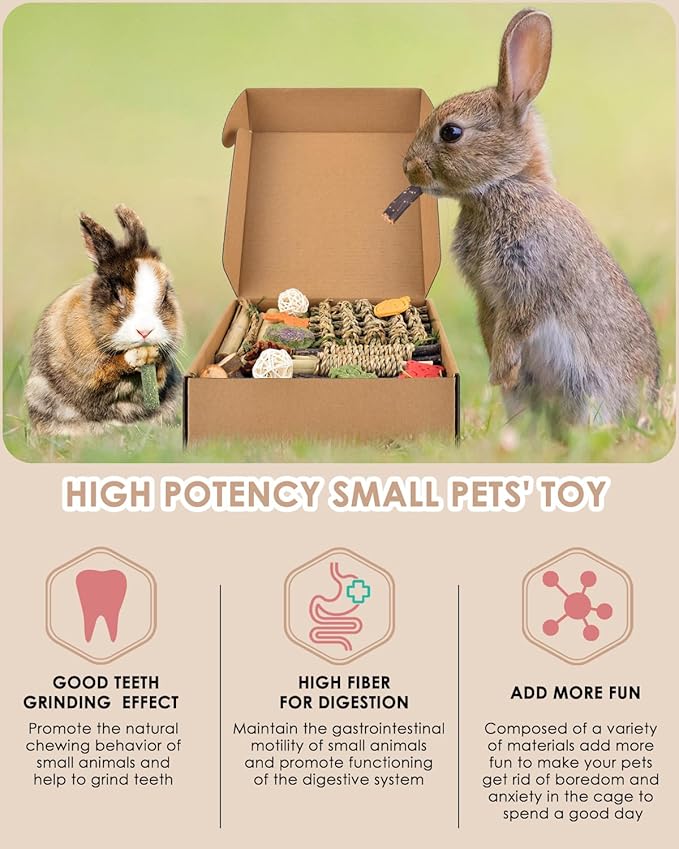 Bissap Rabbit Chew Toy, Natural Bunny Treats Snacks with Timothy Hay Water Grass Mat Chewing Bamboo Apple Sticks Box for Guinea Pigs Chinchillas Hamsters Gerbils and Other Small Pets Teeth Grinding