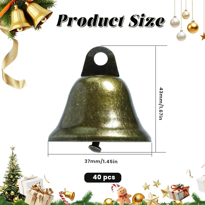 40 Pcs Craft Bells, 1.7" X 1.5" Small Brass Vintage Bells for Christmas Decoration, Wind Chimes Housebreaking Making Dog Potty Training Doorbell Wedding Decor DIY Crafts
