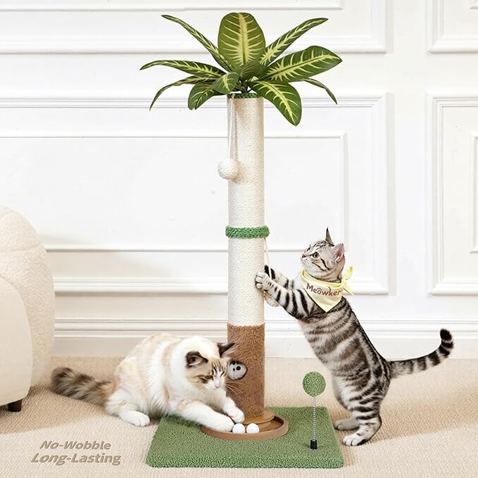 Tall Cat Scratching Post Vertical Pole for Indoor, 35" Palm Tree Sisal Scratch Post for Large Cats & Kittens, Heavy Duty Wooden Carpet Pole with Ball Track Leaves, Furniture Protection