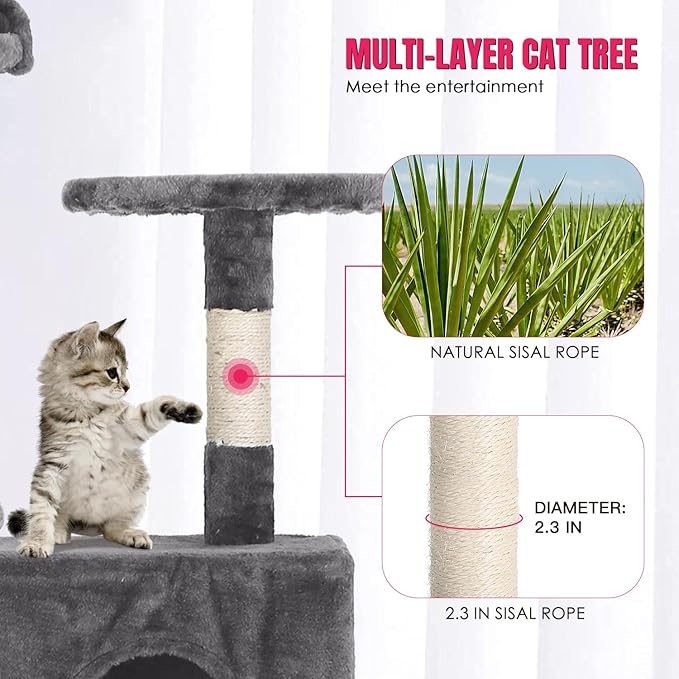 PayLessHere Cat Tree 70in Tower with Cat Scratching Post,Multi-Level Cat Condo Stand House Furniture Kitty Activity Center with Furry Ball Toys Cat Tree for Indoor Cats,Light Grey