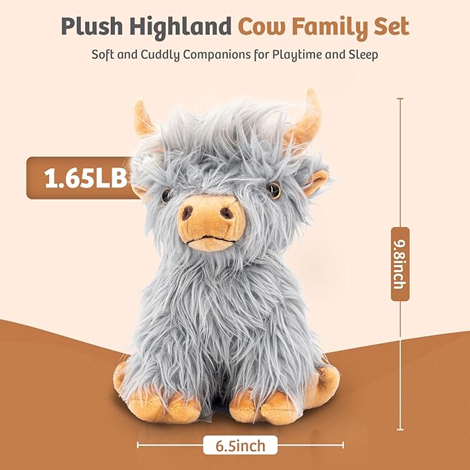 Marysun Highland Cow Stuffed Animal Toy, Gray Microwavable Highland Cow Gift for Girls and Kids, 9.8in, 1.65lb