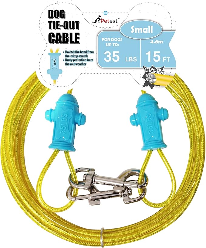 Petest Reflective Tie Out Cable with Crimp Cover for Small Dogs Up to 35 Pounds, 15 Feet