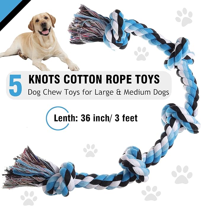 XIGOU Dog Rope Toys for Large Dogs Aggressive Chewers, Dog Chew Toys for Large Breed Indestructible, Heavy Duty Tough 3 Feet 5 Knots Dog Toy, Sturdy Rope toy for Dogs Tug of War Dog Toy Teeth Cleaning