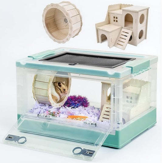 Portable and Foldable Hamster Cages with Wheels, Castle Habitat, and Exercise Wheel, Easy to Move and Store Suitable for Guinea Pigs, Rat and Other Small Animals (Blue)