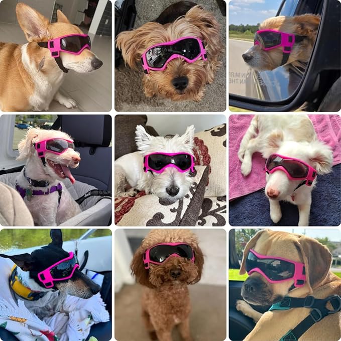 PETLESO Dog Goggles Small Breed, UV Protection Dog Sunglasses Windproof Anti-Fog Doggy Glasses for Small to Medium Breed Outdoor Riding Driving Motorcycle, Medium Pink