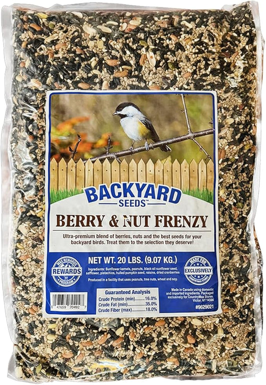 Backyard Seeds Berries 'n Nut Blend Bird Seed Mix 20lbs - Premium Seeds, Nuts & Cranberries, Medium Bag of Wild Bird Food