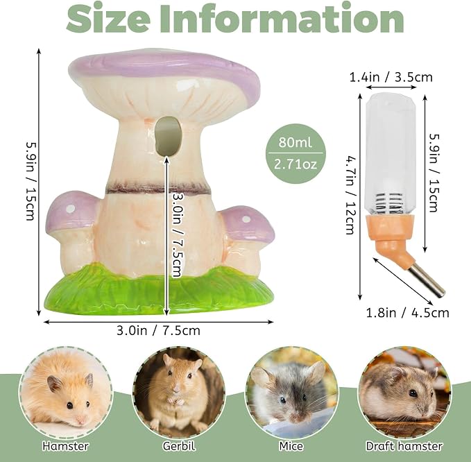 PINVNBY Hamster Water Bottle No Drip Ceramic Automatic Gerbil Water Bottle 80ML Water Dispenser with Mushroom Stand Holder for Gerbils Syrian Hamsters Dwarf Hamsters Mice (Purple)