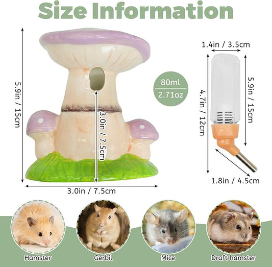 PINVNBY Hamster Water Bottle No Drip Ceramic Automatic Gerbil Water Bottle 80ML Water Dispenser with Mushroom Stand Holder for Gerbils Syrian Hamsters Dwarf Hamsters Mice (Purple)