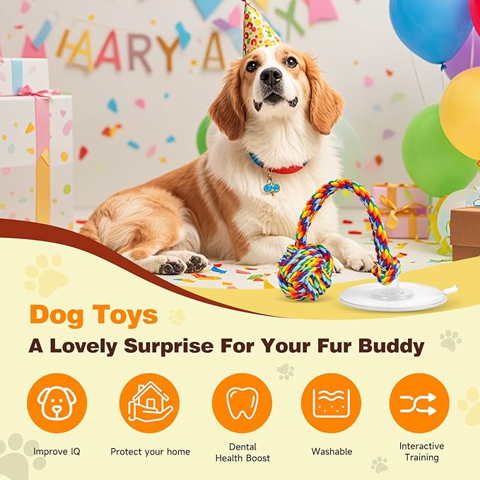 Interactive Dog Toys, Gel Suction Cup Design, Cotton Rope Ball with Built-in Bell, Puppy Teething Toys, Tug of War Dog Toy, Dog Puzzle Toy for Small Dogs, Rainbow