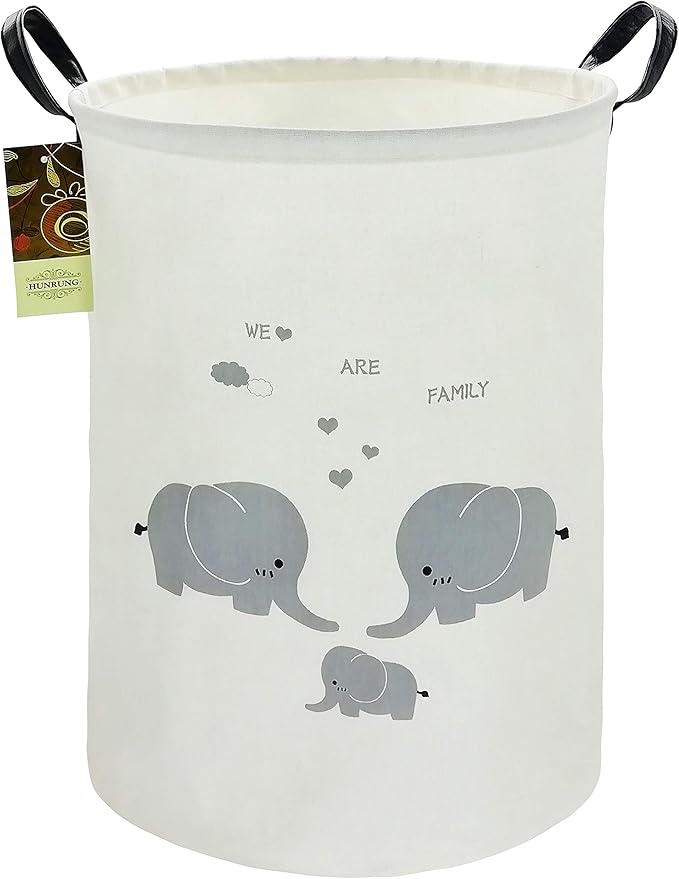 Collapsible Fabric Storage Basket, Waterproof Laundry Hamper with Handles, Round Storage Bin for Clothes Toys, Foldable Organizer for Bedroom Nursery Bathroom(Round-Family elephants)