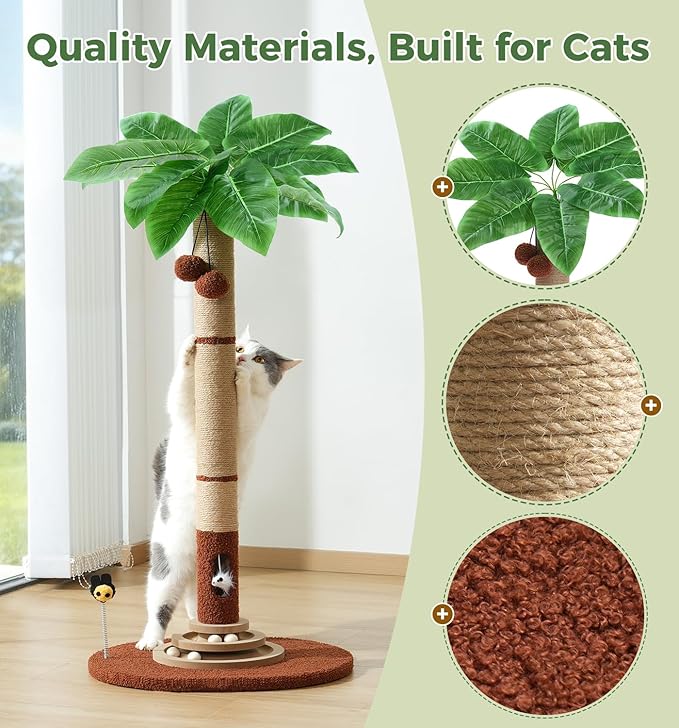 Made4Pets 42" Tall Cat Scratching Post with Sisal Rope, Interactive Hanging Balls, Toy Mouse and Two-Layer Ball Track Cat Toys, Palm Tree Cat Scratcher Tower for Indoor Cats and Kittens