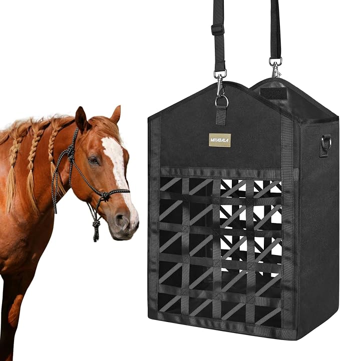 Ultra-Slow Feed Hay Bags for Horses,Two-Sided Premium Oxford Hay Bags with Large Opening,Top with Hook-and-Loop Closure,Adjustable Dual-Purpose Strap for Easy Hanging (Black, Large 1 Pack)