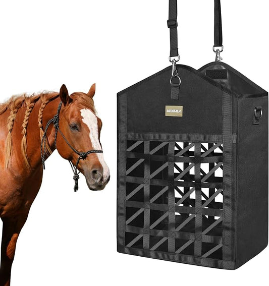 Ultra-Slow Feed Hay Bags for Horses,Two-Sided Premium Oxford Hay Bags with Large Opening,Top with Hook-and-Loop Closure,Adjustable Dual-Purpose Strap for Easy Hanging (Black, Large 1 Pack)