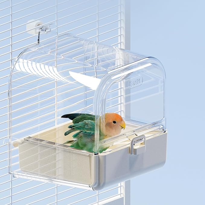 Hanging Bird Bath for Cage with Bowls & Mesh Bottom - 3-in-1 Multifunction Bird Bath/Bowl/House, Bird Shower for Lovebirds, Finches, Parakeets, Budgies, and Other Small to Medium Birds - White