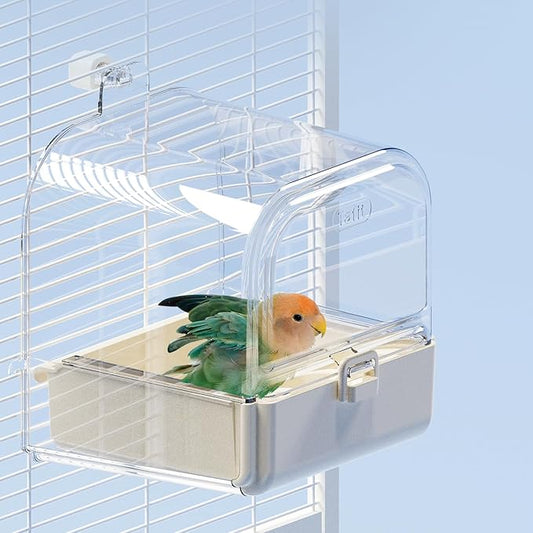 Hanging Bird Bath for Cage with Bowls & Mesh Bottom - 3-in-1 Multifunction Bird Bath/Bowl/House, Bird Shower for Lovebirds, Finches, Parakeets, Budgies, and Other Small to Medium Birds - White