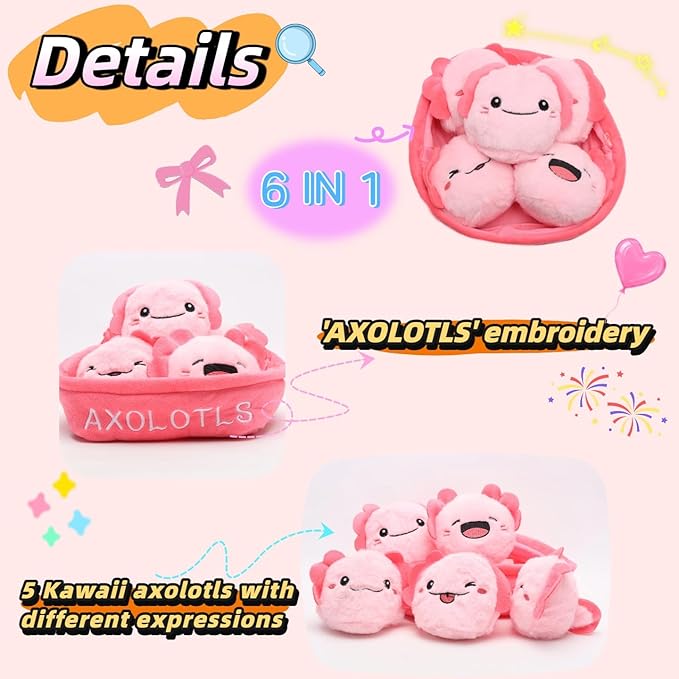 Pink Axolotl Plush Toy Set, 5pcs Cute Smiling Axolotls in Soft Basket, 7.87in Stuffed Animal Plushies for Kids, Friends, Birthday, Christmas, Room Decor