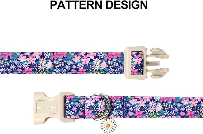 Lionet Paws Floral Dog Collar- Cute Spring Wildflowers Daisy Fleabane Dog Collars with Plastic Buckle, Light Adjustable Dog Collars for Small Medium Dogs