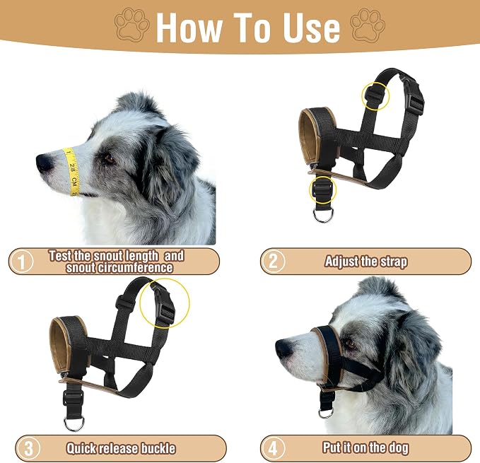 Dog Muzzle,Adjustable Loop Pets Muzzle Soft Leather Protect Skin Puppy Muzzles Prevent Biting Chewing Barking Allow Panting Drinking,Not Include Dog Collar (Khaki, Small)