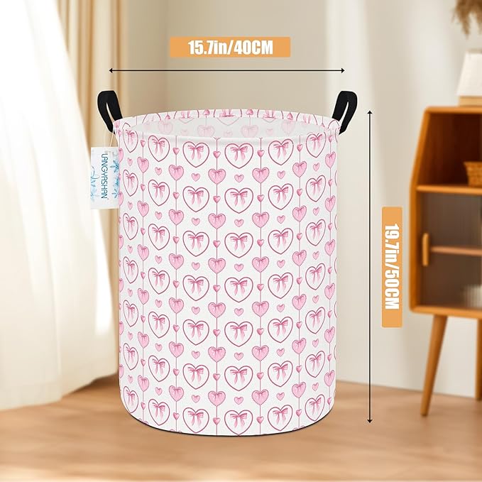 Laundry Basket Canvas Fabric Collapsible Organizer Basket for Storage Bin Toy Bins Gift Baskets Bedroom Clothes Children Nursery Hamper (Pearl Heart)