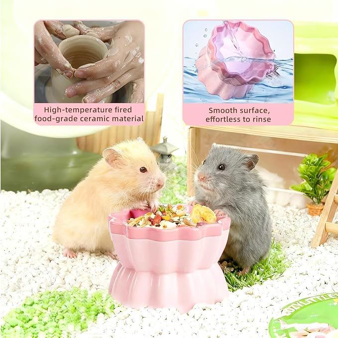 Ceramic Hamster Food Bowl Elevated Hamster Bowl Non-Tip Rat Feeding Dish with Water Bottle for Dwarf Gerbil Mouse Mice Sugar Glider (Pink)