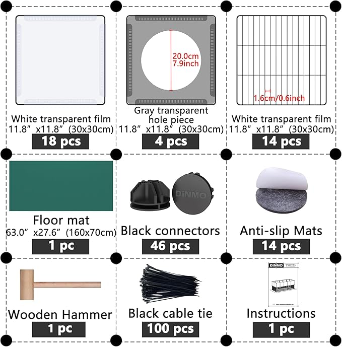 DINMO Small Animal Playpen with Oxford Mat, 24 inches Height, Pet Exercise Fence, Home Protector, Iron Mesh and Plastic Combination, Visualization, DIY, Games Hole Series, 60.2 x 24.8 x 24.8inch