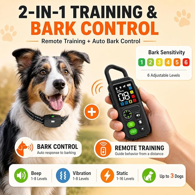 2-in-1 Dog Shock Collar & Bark Collar, 990FT Dog Training Collar with Remote, IPX7 Waterproof E Collar, 3 Training Modes, LED Light for Small Medium Large Dogs (8-120 lbs) - 1 Collar
