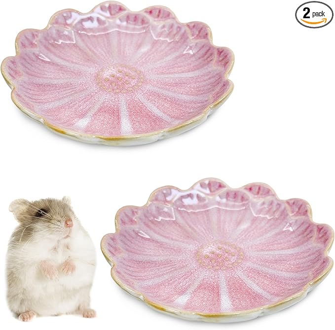 BNOSDM Shallow Ceramic Hamster Food Dish 2 Pcs Small Animals Food Bowl Sunflower Feeding Dishes for Gerbils Mice Rats 4.5in (Pink)