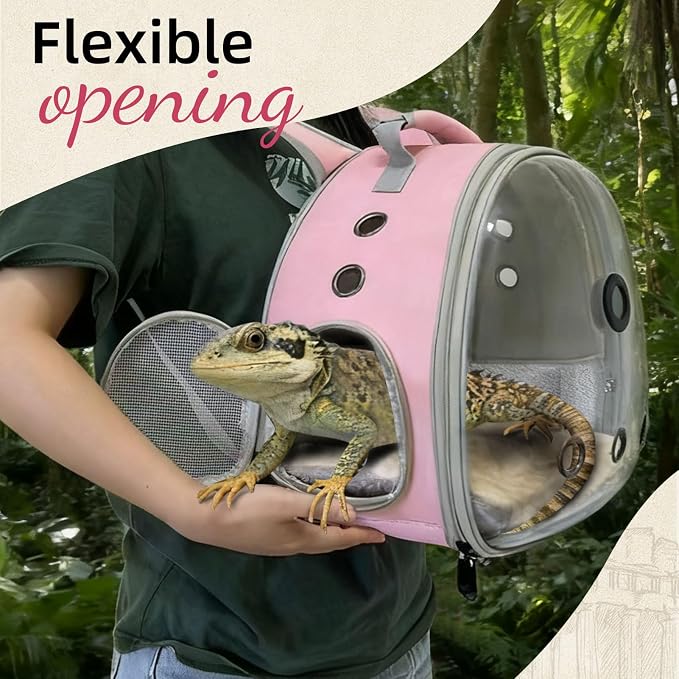 Bearded Dragon Travel Backpack Carrier with Reptile Thermometer and Humidity Gauge Lizard Travel Cage Space Capsule Clear Bubble Window Astronaut Reptile Bag for Ball Python (Pink, Backpack+I LSH)