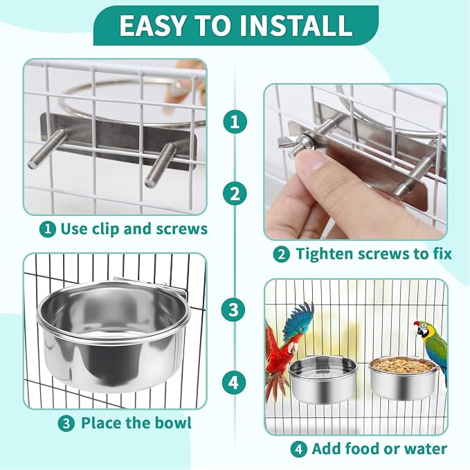2 Pcs Bird Feeder Bowls with 2 Pcs Food Holder for Cage, Parrot Food Water Bowls and Fruit Skewer Foraging Toy, Stainless Steel Bird Feeding Dish Cups for Small Animals (Silvery, 4 Pcs)