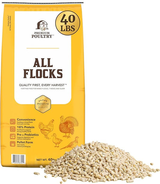 All Flock Poultry Feed Pellets, 18% Protein Chicken Feed Made in USA for Mixed Flock –Chicken, Ducks, Geese, Turkeys & Game Birds, Probiotics for Digestion, 80 lbs