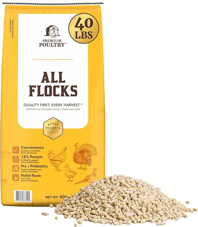 All Flock Poultry Feed Pellets, 18% Protein Chicken Feed Made in USA for Mixed Flock –Chicken, Ducks, Geese, Turkeys & Game Birds, Probiotics for Digestion, 40 lbs