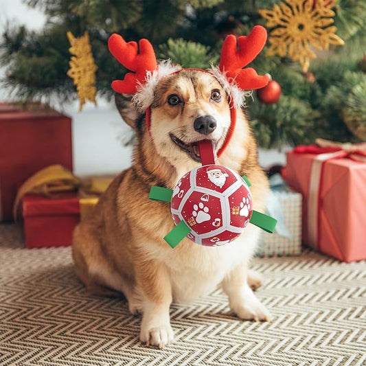 QDAN Small Christmas Dog Toys, Soccer Ball with Straps, Outdoor Interactive Toys for Tug of War, Puppy Birthday Gifts, Water Toy, Durable Dog Balls for Puppy (5 Inch)